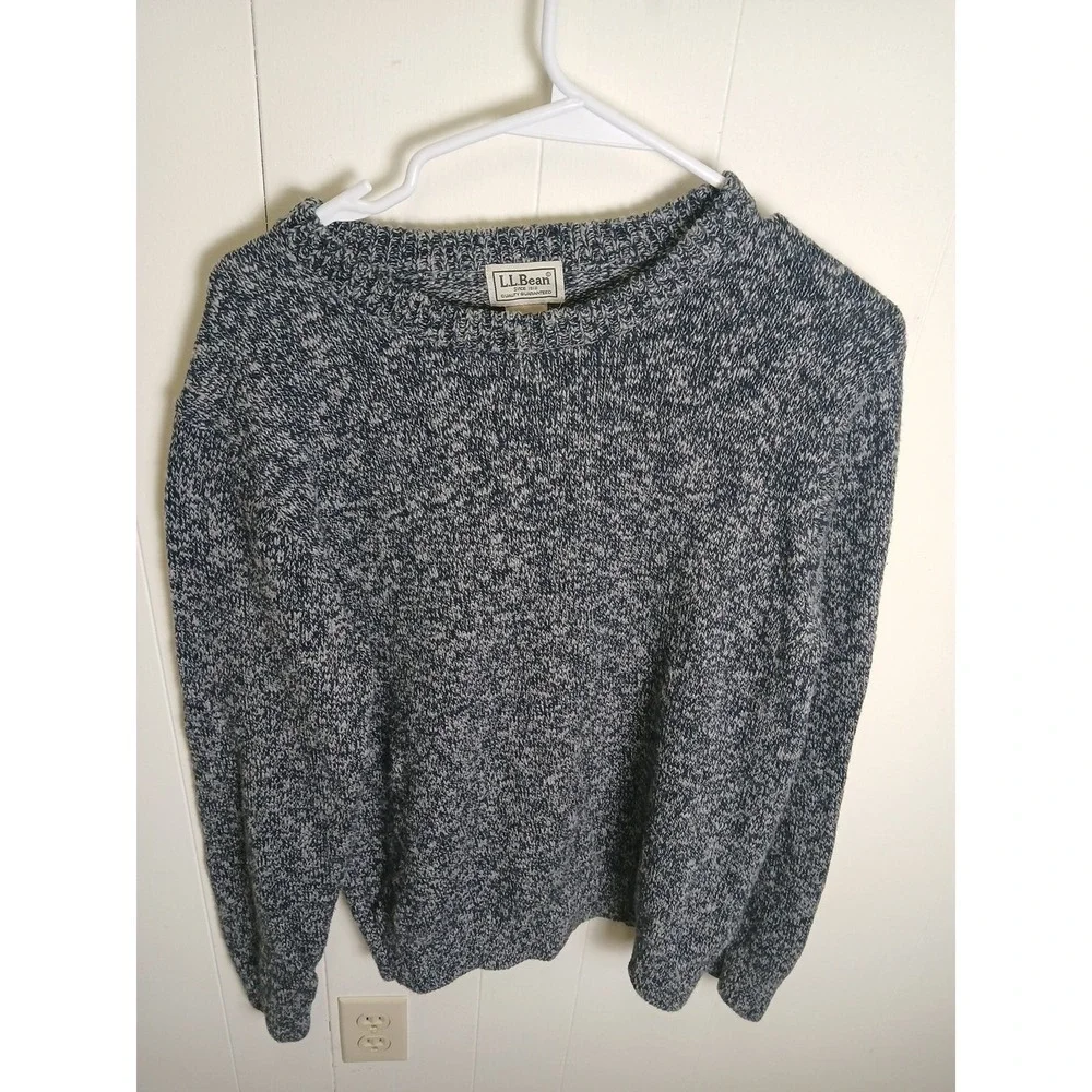 LL BEAN Men's Small  Black Gray Heather Cotton Crew Neck Long Sleeve Sweater